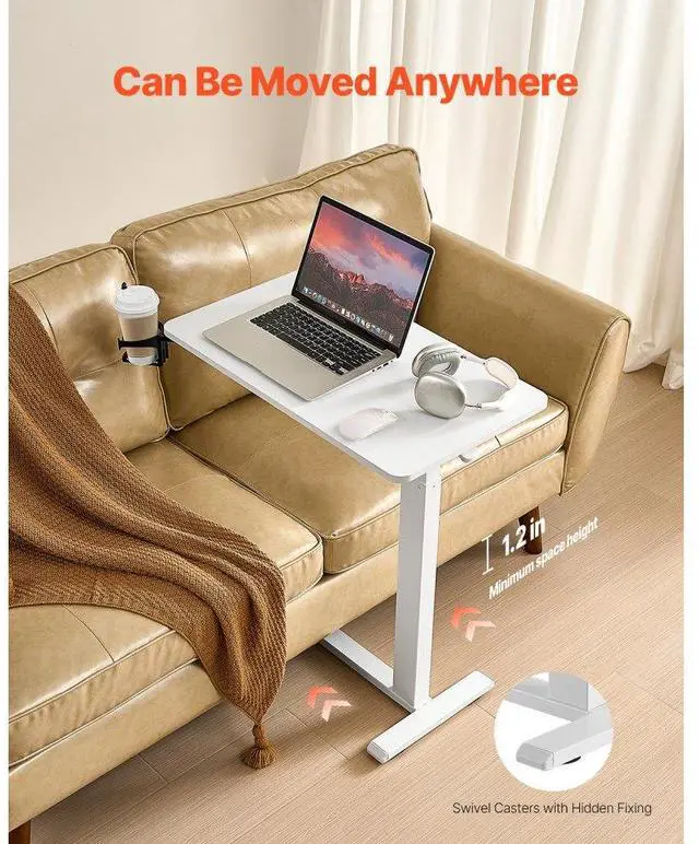 Alt view image 5 of 7 - VEVOR Overbed Table, Mobile Bed Side Table with 4 Hidden Wheels, Height Adjustable Rolling Laptop Desk with Cup Holder, Portable Particleboard Over Bed Desk for Home, Office, Study, White