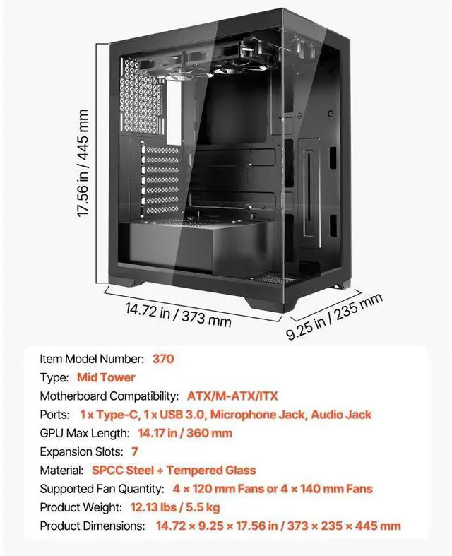 Alt view image 7 of 7 - VEVOR PC Gaming Case Mid-Tower Computer Case with 2 x 120 mm Fans for ATX Motherboard