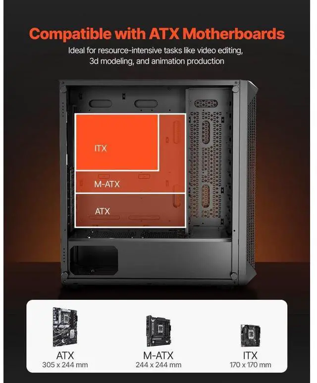 Alt view image 2 of 7 - VEVOR PC Gaming Case Mid-Tower Computer Case with 4 x 120 mm Fans for ATX/M-ATX/ITX