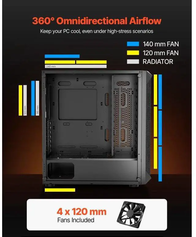 Alt view image 4 of 7 - VEVOR PC Gaming Case Mid-Tower Computer Case with 4 x 120 mm Fans for ATX/M-ATX/ITX