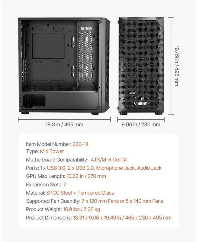 Alt view image 7 of 7 - VEVOR PC Gaming Case Mid-Tower Computer Case with 4 x 120 mm Fans for ATX/M-ATX/ITX