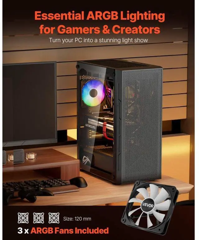 Alt view image 2 of 7 - VEVOR Mid-Tower PC Gaming Case Computer Case 3 x 120 mm ARGB Fans for ATX Motherboard
