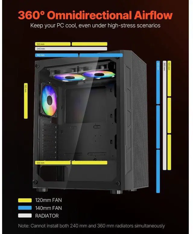 Alt view image 3 of 7 - VEVOR Mid-Tower PC Gaming Case Computer Case 3 x 120 mm ARGB Fans for ATX Motherboard