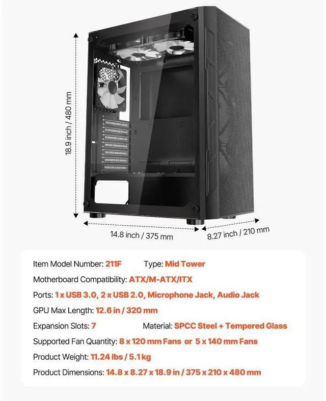 Alt view image 7 of 7 - VEVOR Mid-Tower PC Gaming Case Computer Case 3 x 120 mm ARGB Fans for ATX Motherboard
