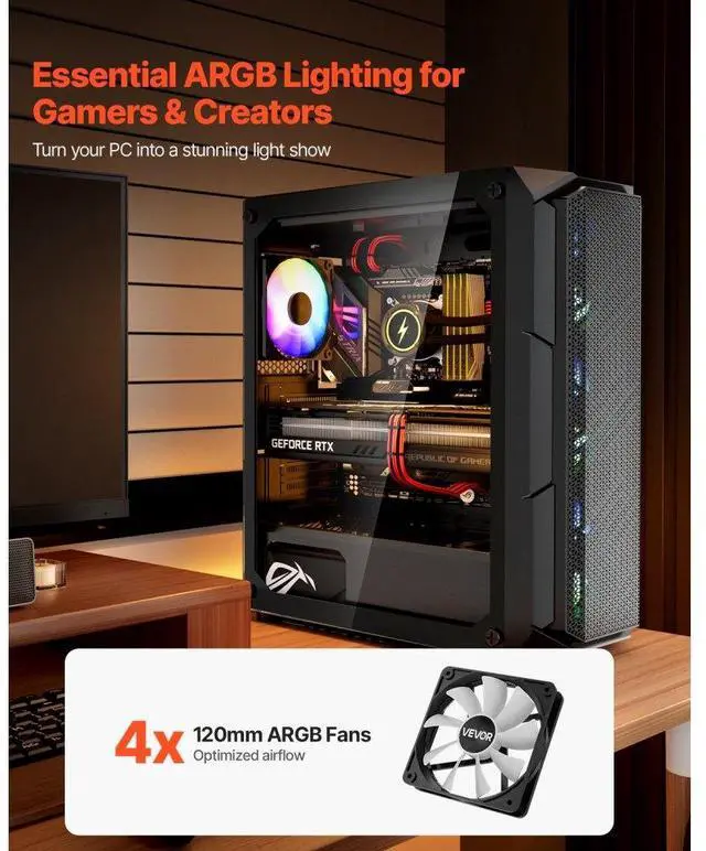 Alt view image 2 of 7 - VEVOR Mid-Tower PC Gaming Case Computer Case 4 x 120 mm ARGB Fans for ATX Motherboard