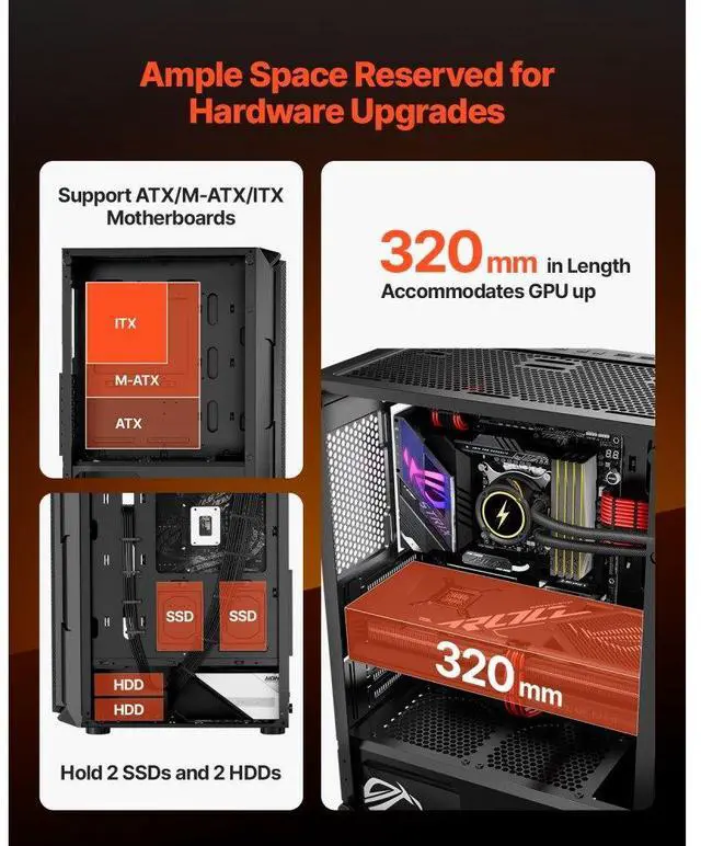 Alt view image 4 of 7 - VEVOR Mid-Tower PC Gaming Case Computer Case 4 x 120 mm ARGB Fans for ATX Motherboard