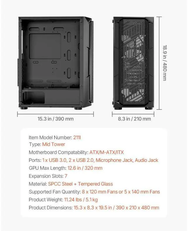 Alt view image 7 of 7 - VEVOR Mid-Tower PC Gaming Case Computer Case 4 x 120 mm ARGB Fans for ATX Motherboard