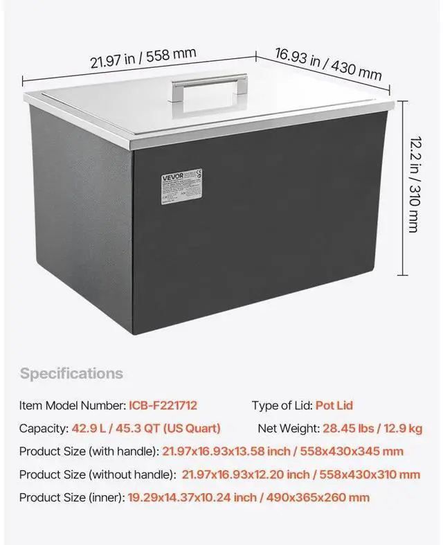 Alt view image 7 of 7 - 45.3 Qt Drop in Ice Chest Ice Cooler Ice Bin Stainless Steel 22"x17"x12"