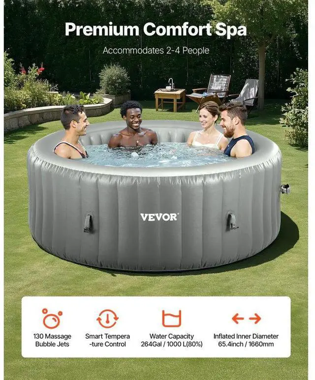 Alt view image 2 of 14 - Inflatable Hot Tub 4 to 6 Person 81.9 x 26in Round Portable Outdoor Spa 130 Jets