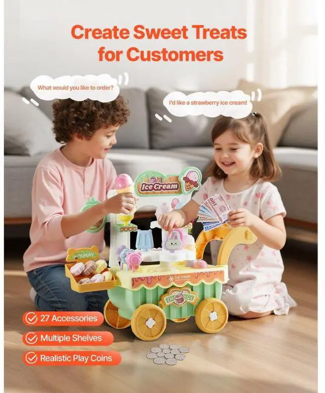 Alt view image 2 of 7 - VEVOR Ice Cream Cart for Kids Pretend Play Ice Cream Shop for Kids Aged 3+
