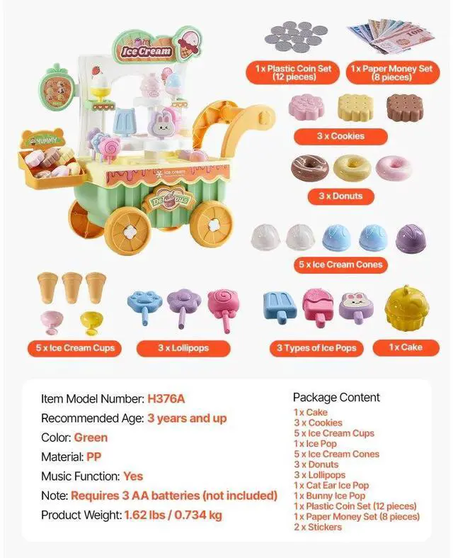 Alt view image 7 of 7 - VEVOR Ice Cream Cart for Kids Pretend Play Ice Cream Shop for Kids Aged 3+