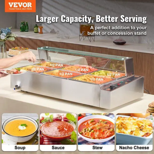 Alt view image 2 of 7 - VEVOR Commercial Electric Food Warmer Countertop Buffet 6*8Qt with Glass Shield