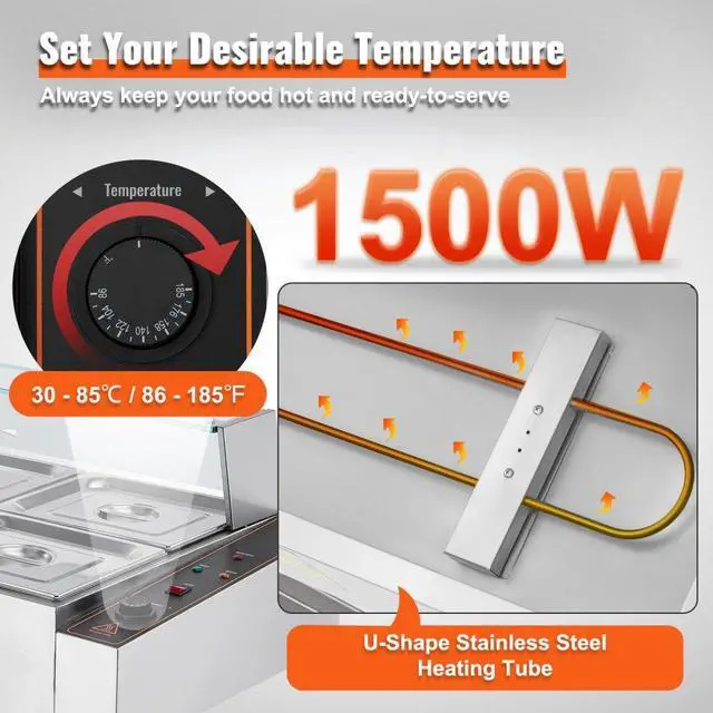 Alt view image 3 of 7 - VEVOR Commercial Electric Food Warmer Countertop Buffet 6*8Qt with Glass Shield