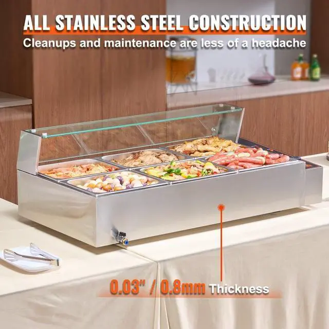Alt view image 5 of 7 - VEVOR Commercial Electric Food Warmer Countertop Buffet 6*8Qt with Glass Shield