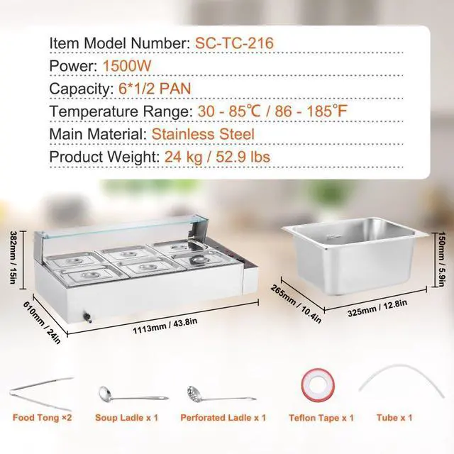 Alt view image 7 of 7 - VEVOR Commercial Electric Food Warmer Countertop Buffet 6*8Qt with Glass Shield