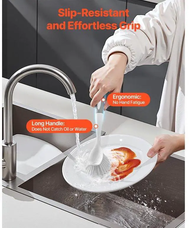 Alt view image 3 of 7 - VEVOR Dish Brush 4 Pack Kitchen Scrub Brushes with PP Handle 2 Gray + 2 Orange