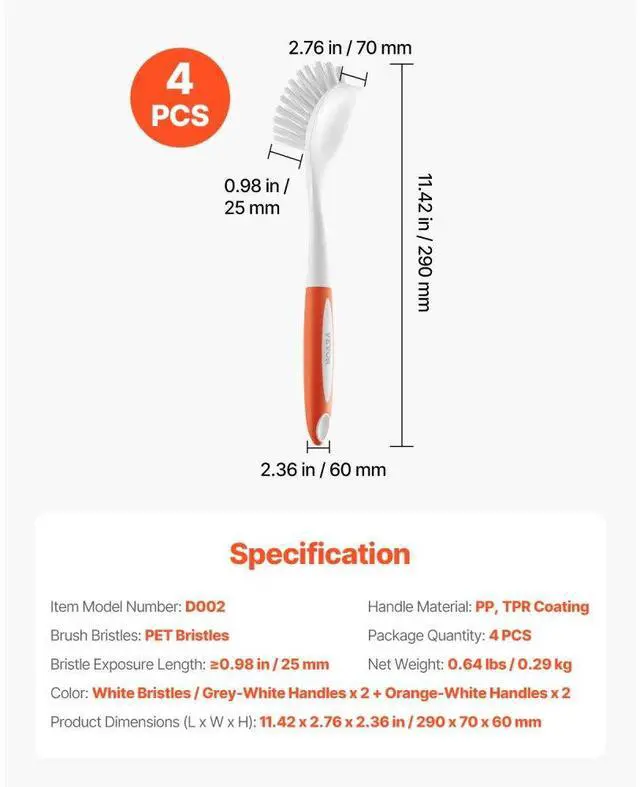 Alt view image 7 of 7 - VEVOR Dish Brush 4 Pack Kitchen Scrub Brushes with PP Handle 2 Gray + 2 Orange