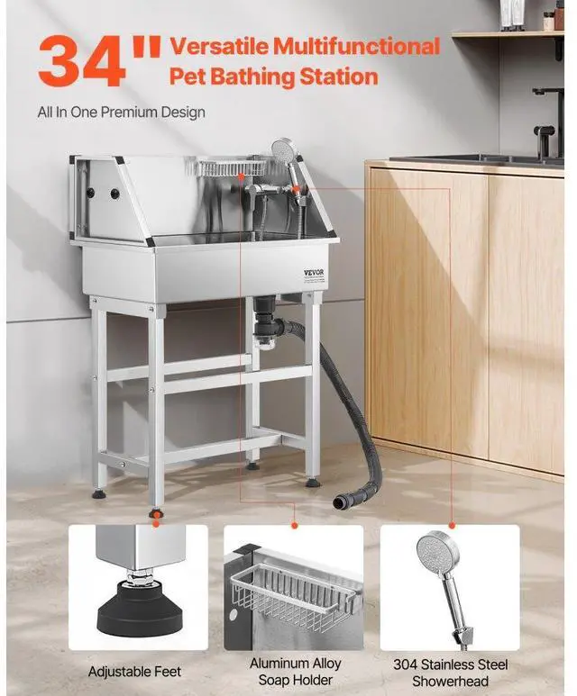 Alt view image 2 of 7 - 34 inch Dog Grooming Bath Tub Stainless Steel w Faucet for Pets