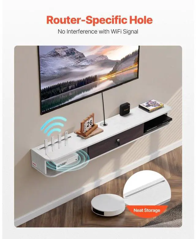 Alt view image 3 of 7 - VEVOR Floating TV Stand, 55 in Wall Mount Entertainment Center with Cable Hole, Modern Floating TV Shelf with Storage Cabinet, Particle Board Console for DVD Player, Cable Box, Game Console, White