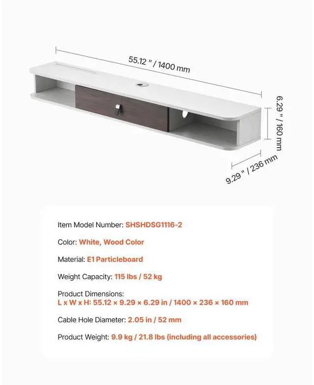 Alt view image 7 of 7 - VEVOR Floating TV Stand, 55 in Wall Mount Entertainment Center with Cable Hole, Modern Floating TV Shelf with Storage Cabinet, Particle Board Console for DVD Player, Cable Box, Game Console, White