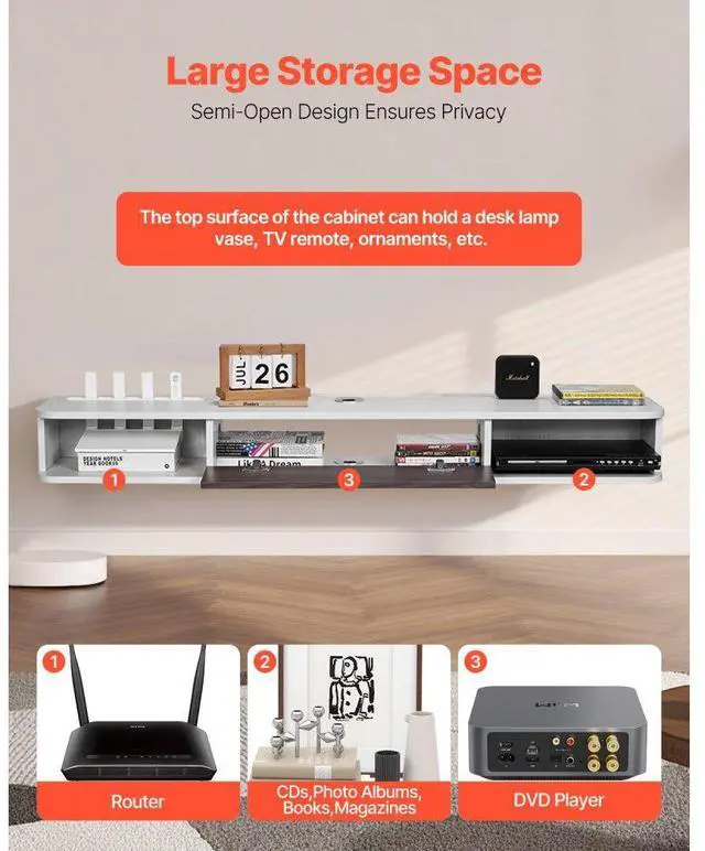 Alt view image 4 of 7 - VEVOR Floating TV Stand, 55 in Wall Mount Entertainment Center with Cable Hole, Modern Floating TV Shelf with Storage Cabinet, Particle Board Console for DVD Player, Cable Box, Game Console, White