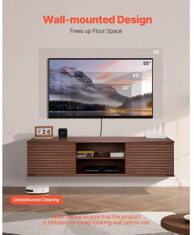 Alt view image 2 of 7 - VEVOR Floating TV Stand, 60" Wall Mount Entertainment Center with Adjustable Shelf & Sliding Doors, 2 Tiers Floating TV Shelf with Storage Cabinet for DVD Player, Cable Box, Game Console, Walnut