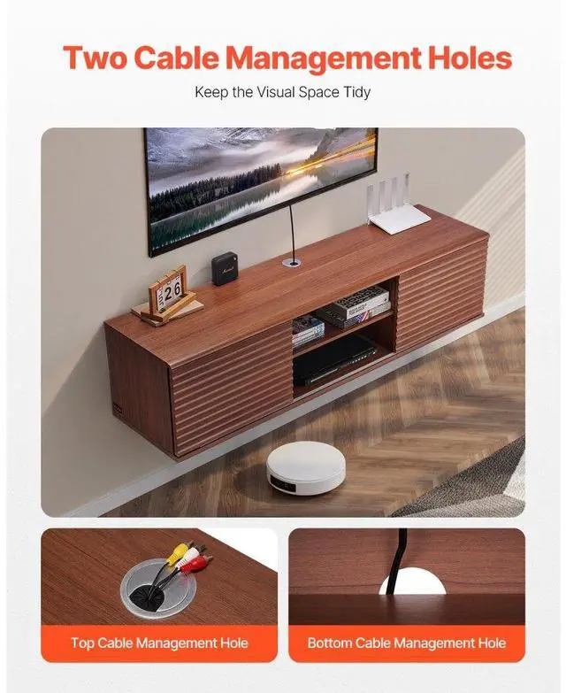 Alt view image 3 of 7 - VEVOR Floating TV Stand, 60" Wall Mount Entertainment Center with Adjustable Shelf & Sliding Doors, 2 Tiers Floating TV Shelf with Storage Cabinet for DVD Player, Cable Box, Game Console, Walnut