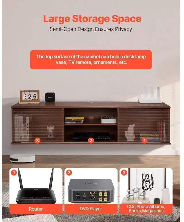 Alt view image 4 of 7 - VEVOR Floating TV Stand, 60" Wall Mount Entertainment Center with Adjustable Shelf & Sliding Doors, 2 Tiers Floating TV Shelf with Storage Cabinet for DVD Player, Cable Box, Game Console, Walnut