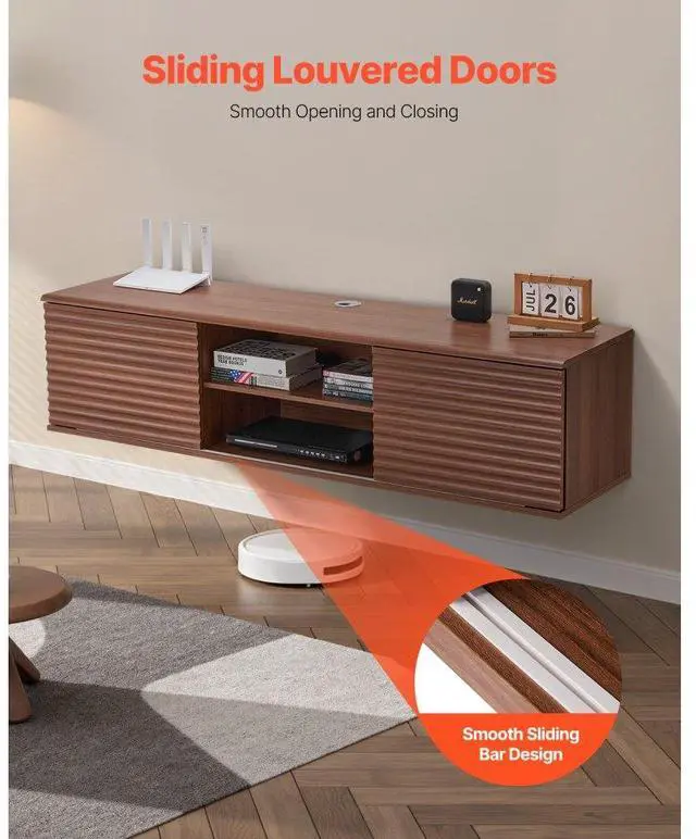 Alt view image 6 of 7 - VEVOR Floating TV Stand, 60" Wall Mount Entertainment Center with Adjustable Shelf & Sliding Doors, 2 Tiers Floating TV Shelf with Storage Cabinet for DVD Player, Cable Box, Game Console, Walnut