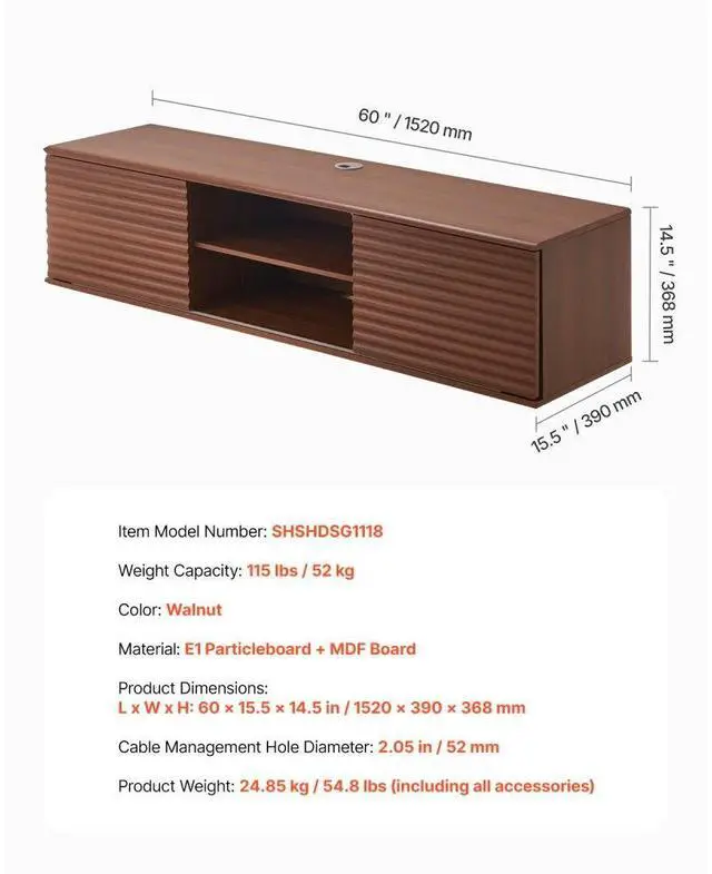 Alt view image 7 of 7 - VEVOR Floating TV Stand, 60" Wall Mount Entertainment Center with Adjustable Shelf & Sliding Doors, 2 Tiers Floating TV Shelf with Storage Cabinet for DVD Player, Cable Box, Game Console, Walnut