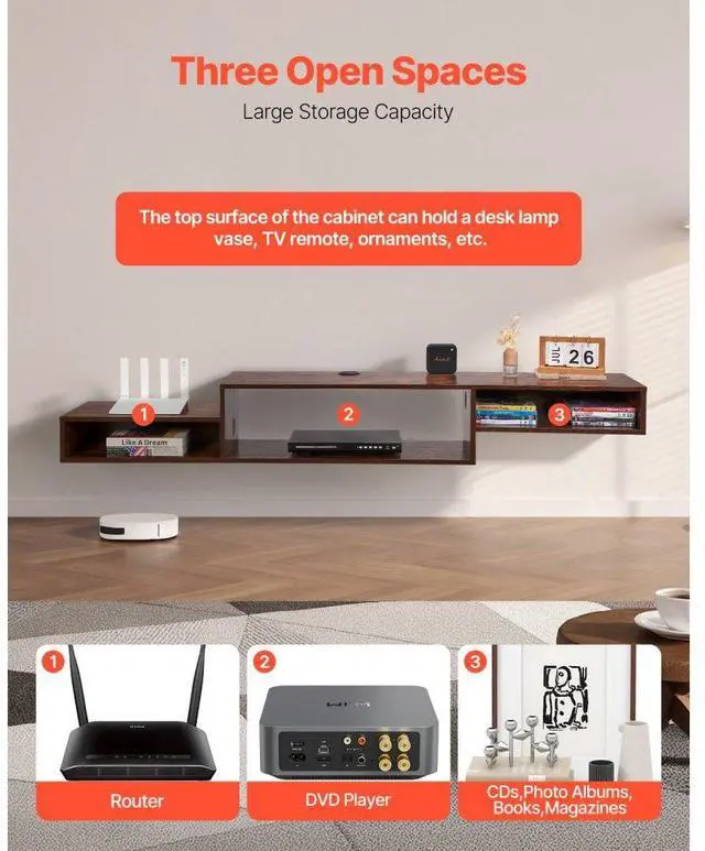 Alt view image 4 of 7 - VEVOR Floating TV Stand, 70" Wall Mount Entertainment Center with Power Outlet & Cable Hole, Modern Floating TV Shelf with Storage Cabinet for DVD Player, Cable Box, Game Console, TV Accessory, Wood