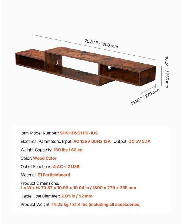 Alt view image 7 of 7 - VEVOR Floating TV Stand, 70" Wall Mount Entertainment Center with Power Outlet & Cable Hole, Modern Floating TV Shelf with Storage Cabinet for DVD Player, Cable Box, Game Console, TV Accessory, Wood