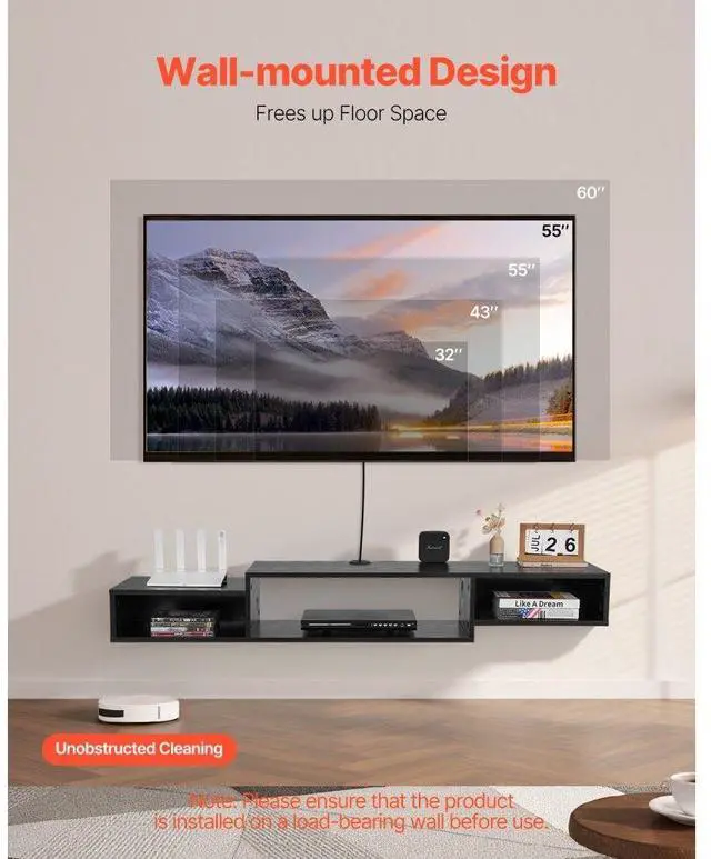 Alt view image 2 of 7 - VEVOR Floating TV Stand, 59" Wall Mount Entertainment Center with Power Outlet & Cable Hole, Modern Floating TV Shelf with Storage Cabinet for DVD Player, Cable Box, Game Console, TV Accessory, Black