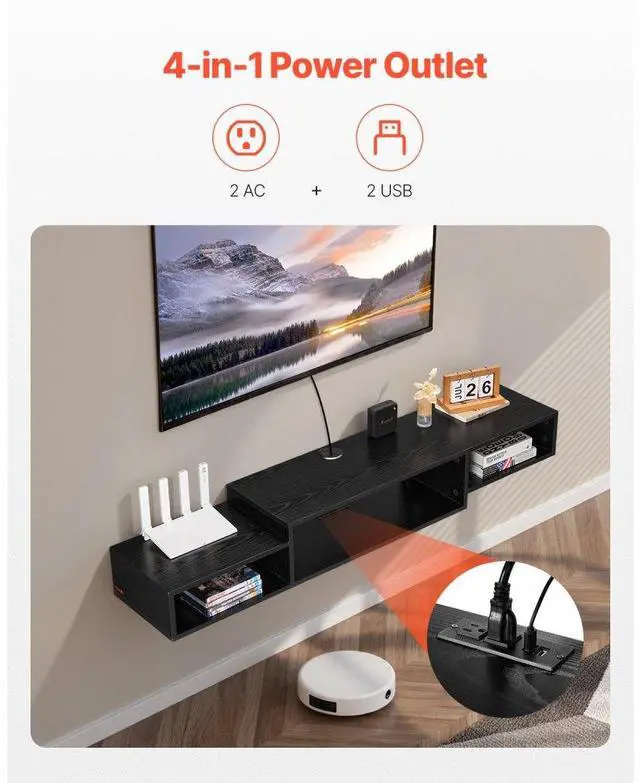 Alt view image 3 of 7 - VEVOR Floating TV Stand, 59" Wall Mount Entertainment Center with Power Outlet & Cable Hole, Modern Floating TV Shelf with Storage Cabinet for DVD Player, Cable Box, Game Console, TV Accessory, Black