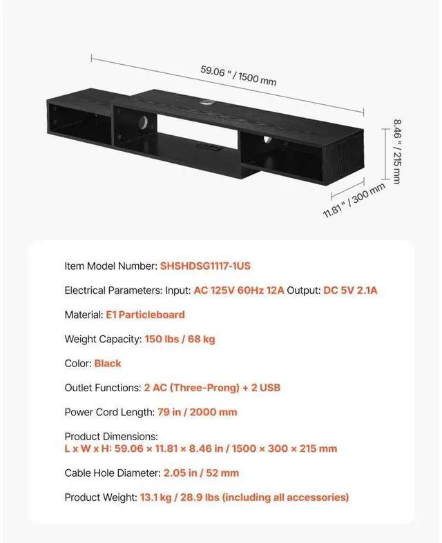 Alt view image 7 of 7 - VEVOR Floating TV Stand, 59" Wall Mount Entertainment Center with Power Outlet & Cable Hole, Modern Floating TV Shelf with Storage Cabinet for DVD Player, Cable Box, Game Console, TV Accessory, Black