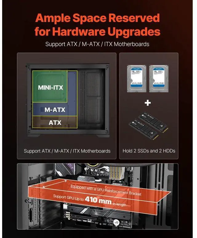 Alt view image 4 of 7 - Mid-Tower PC Case Dual Chamber Gaming Computer Case for ATX Motherboard No Fan