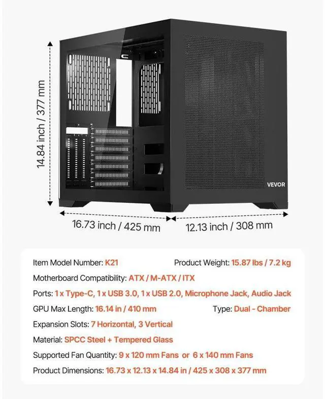 Alt view image 7 of 7 - Mid-Tower PC Case Dual Chamber Gaming Computer Case for ATX Motherboard No Fan