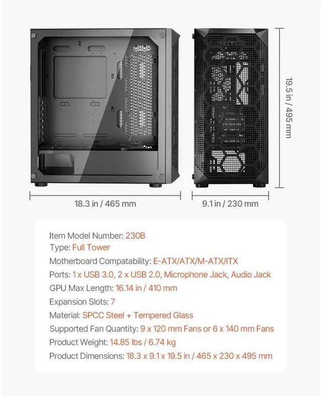 Alt view image 7 of 14 - PC Case Full-Tower Gaming Computer Case with 3 PWM Fans for E-ATX Motherboard