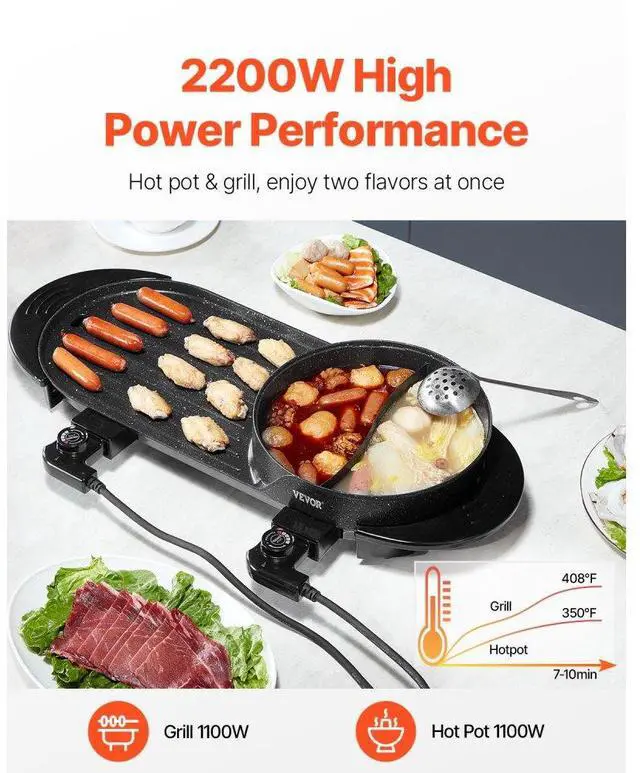 Alt view image 2 of 7 - Hot Pot with Grill 2200W 2-in-1 Electric Smokeless Grill Hot Pot for 1-6 People