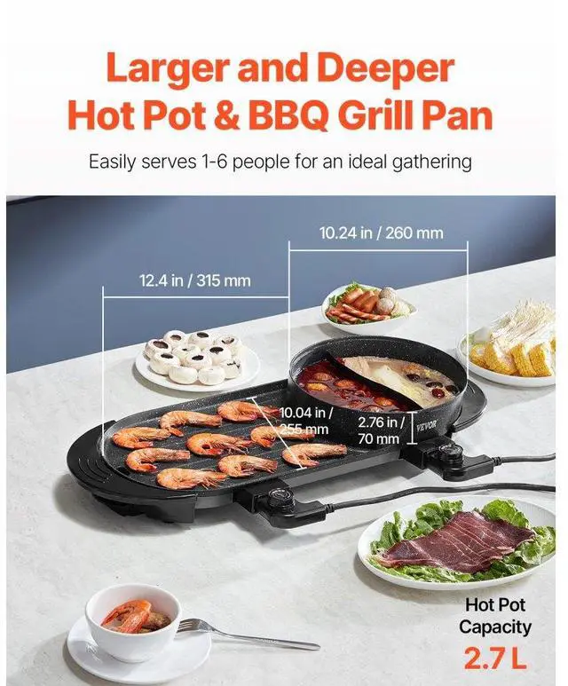 Alt view image 3 of 7 - Hot Pot with Grill 2200W 2-in-1 Electric Smokeless Grill Hot Pot for 1-6 People