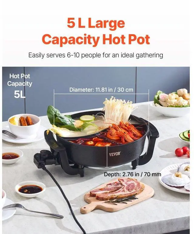 Alt view image 3 of 7 - Electric Hot Pot 5 L Non-Stick Shabu-shabu Hot Pot with Divider for 6-10 People
