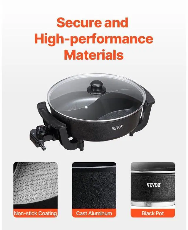 Alt view image 5 of 7 - Electric Hot Pot 5 L Non-Stick Shabu-shabu Hot Pot with Divider for 6-10 People