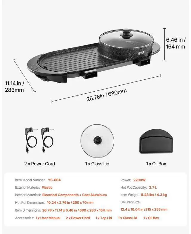Alt view image 7 of 7 - Hot Pot with Grill 2200W 2-in-1 Electric Smokeless Grill Hot Pot for 1-6 People