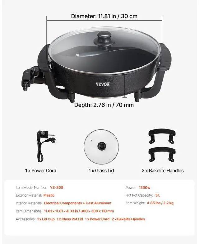 Alt view image 7 of 7 - Electric Hot Pot 5 L Non-Stick Shabu-shabu Hot Pot with Divider for 6-10 People