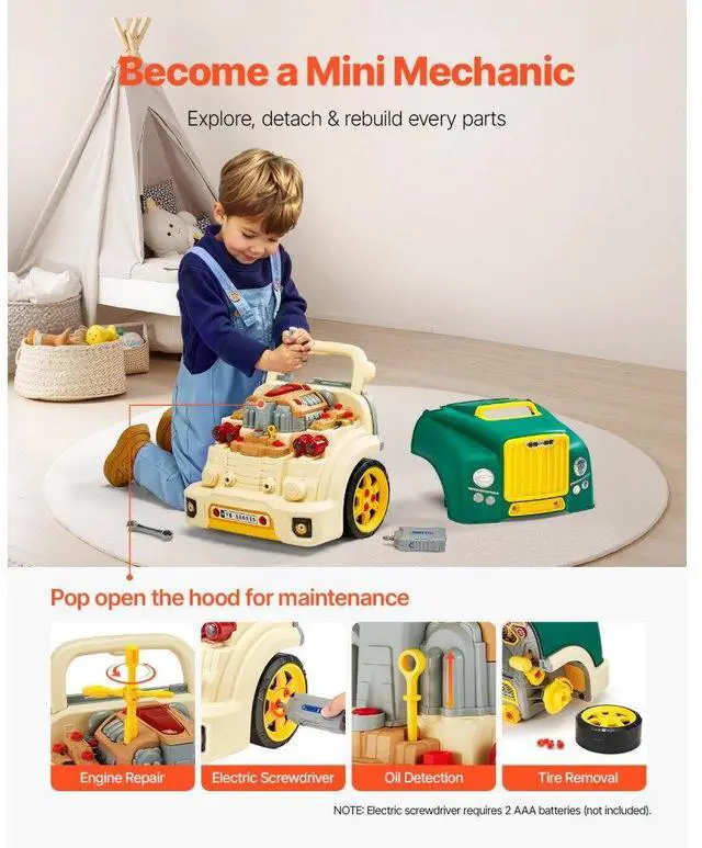Alt view image 3 of 14 - VEVOR Engine Toy Kids Mechanic Car Repair Set with Removable Parts Green