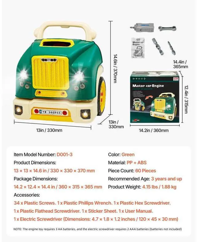 Alt view image 7 of 14 - VEVOR Engine Toy Kids Mechanic Car Repair Set with Removable Parts Green