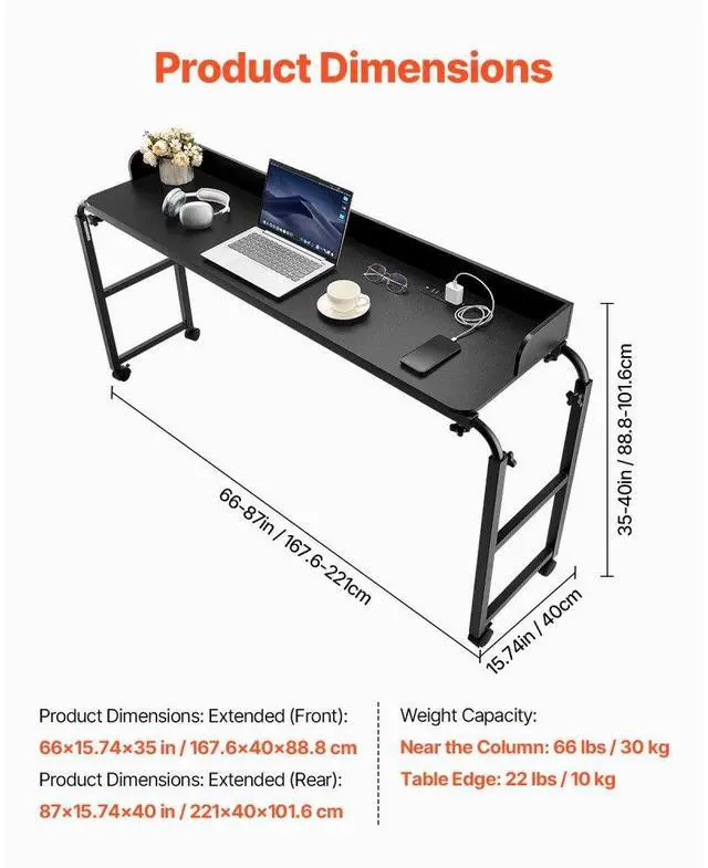Alt view image 3 of 7 - VEVOR Overbed Table: A Black Beauty! Mobile Bedside Table with 4 Wheels (2 Braked), Power Socket, and Adjustable Height. Made of ParticleboardPerfect for Home, Office, and Study