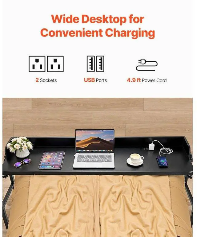 Alt view image 4 of 7 - VEVOR Overbed Table: A Black Beauty! Mobile Bedside Table with 4 Wheels (2 Braked), Power Socket, and Adjustable Height. Made of ParticleboardPerfect for Home, Office, and Study