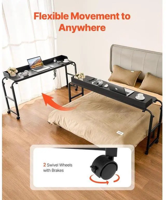 Alt view image 5 of 7 - VEVOR Overbed Table: A Black Beauty! Mobile Bedside Table with 4 Wheels (2 Braked), Power Socket, and Adjustable Height. Made of ParticleboardPerfect for Home, Office, and Study
