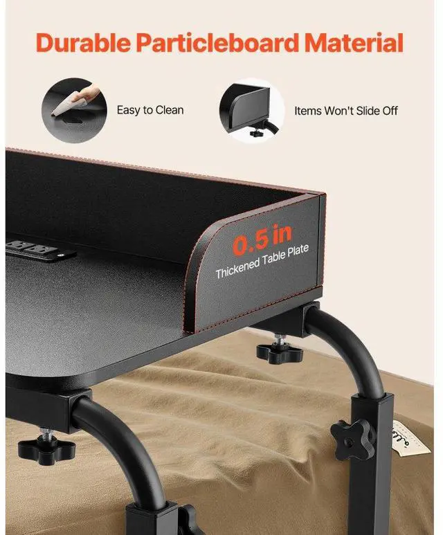 Alt view image 6 of 7 - VEVOR Overbed Table: A Black Beauty! Mobile Bedside Table with 4 Wheels (2 Braked), Power Socket, and Adjustable Height. Made of ParticleboardPerfect for Home, Office, and Study